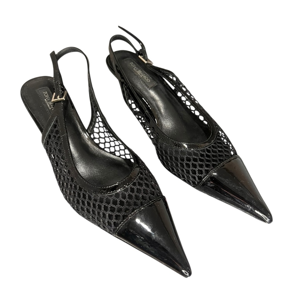Tony Bianco Black Patent Pointed Mesh Slingback Heels, Size 8, Kitten heels